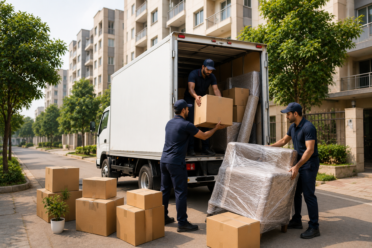 Home shifting team packing boxes inside a modern apartment in Mayur Vihar Phase 1