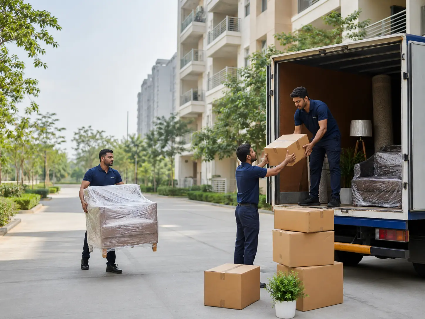 Professional movers packing home items inside apartment in Mayur Vihar Phase 2 Delhi