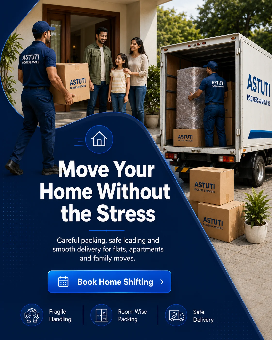 Expert home relocation services with trained packing professionals by Astuti Packers and Movers.